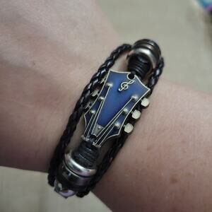 Guitar head stock music theme blue and black layered bracelet